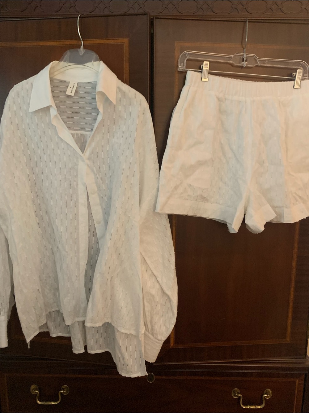Commense White Sheer Button-Down Top and shorts set